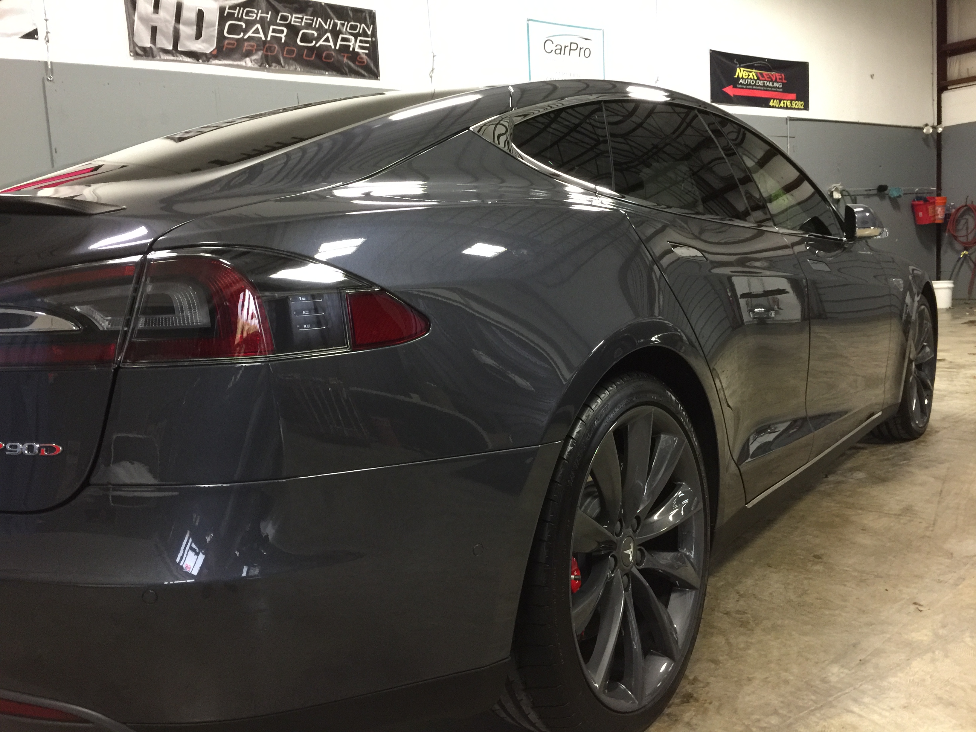 Tesla Model S P90D — rear quarter panel gleaming after ceramic coating